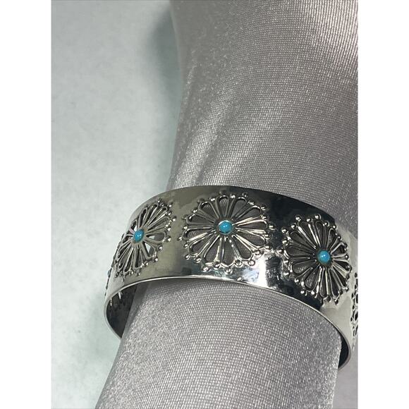 Vintage Navajo Inspired Sterling Silver 925 Mexico Cuff Bracelet 1” Wide Blue